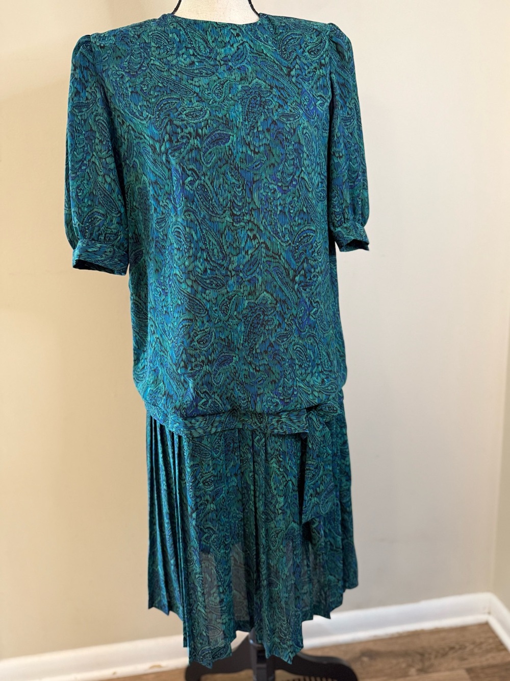 Lady Carol Petites vintage ornate paisley midi dress blue green SZ 8